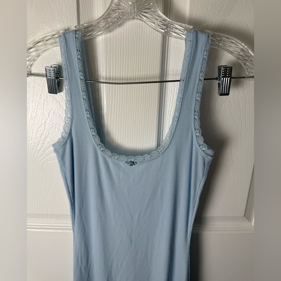 Skims Soft Lounge Lace Scoop Neck Long Dress in Celeste Blue - Picture 3 of 8